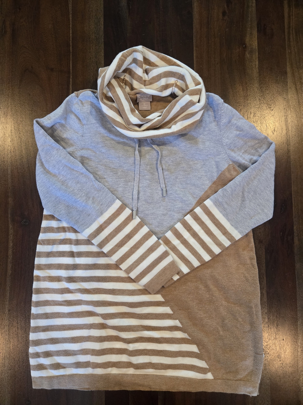 Chico's Striped Cowl Neck Sweater - Taupe & Light Gray
